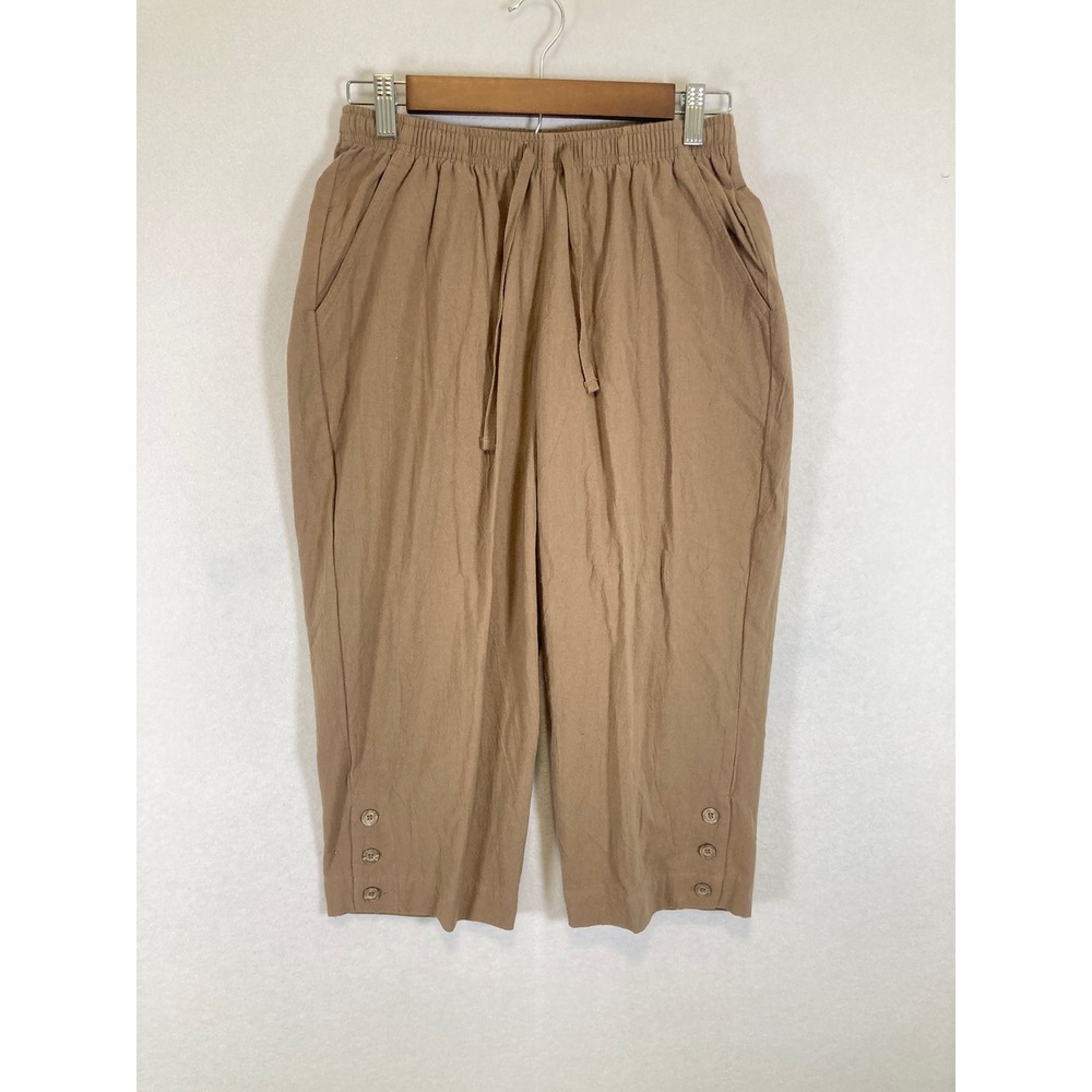 Coastal Boho‎ C.D. Petites Women M Tan Cotton Gauze Button Hem Cropped Pants